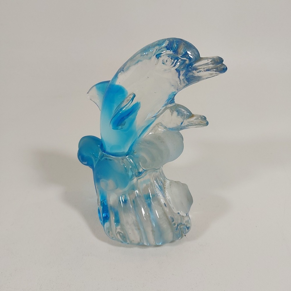 Vintage Art Glass Blue Clear Dolphins On a‎ Wave Figurine Paperweight 5"